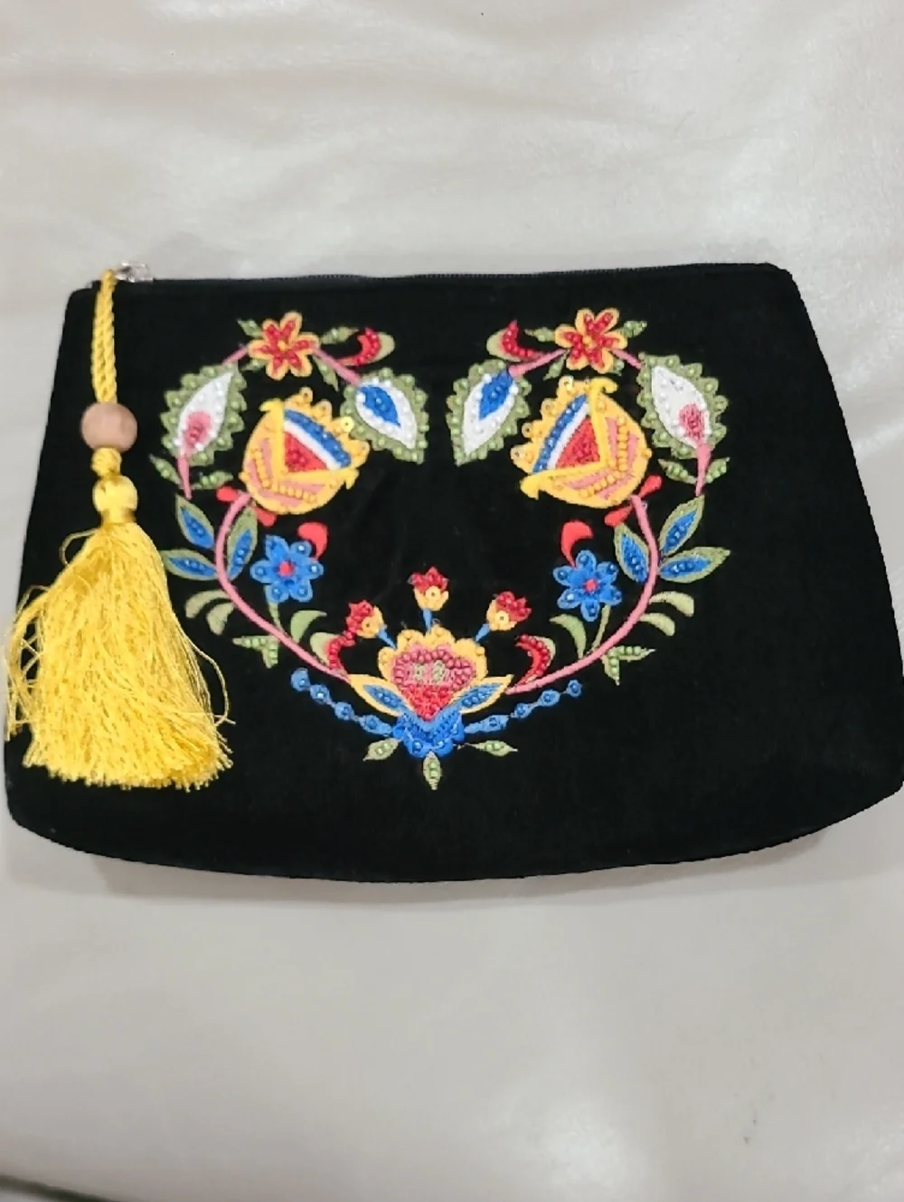 Black Velvet Embroidered Floral Tassel Clutch